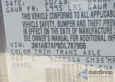 2013 Nissan Sentra Sv z USA, uszkodzony, nr VIN 3N1AB7AP8DL787956